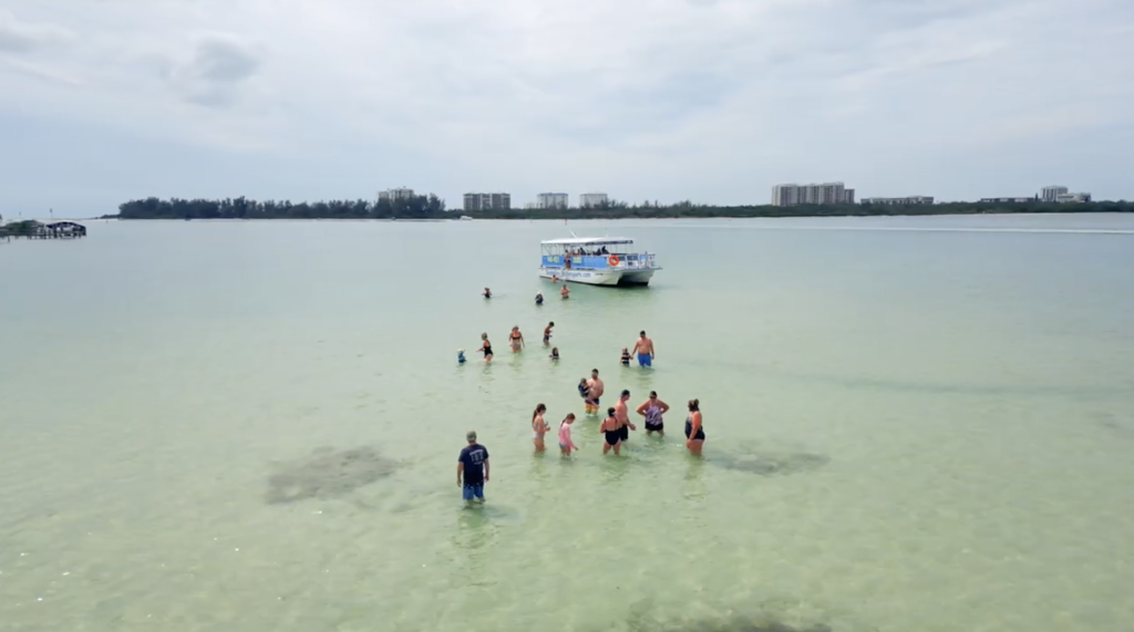 Guests exploring a sandbar during a Siesta Key dolphin tour